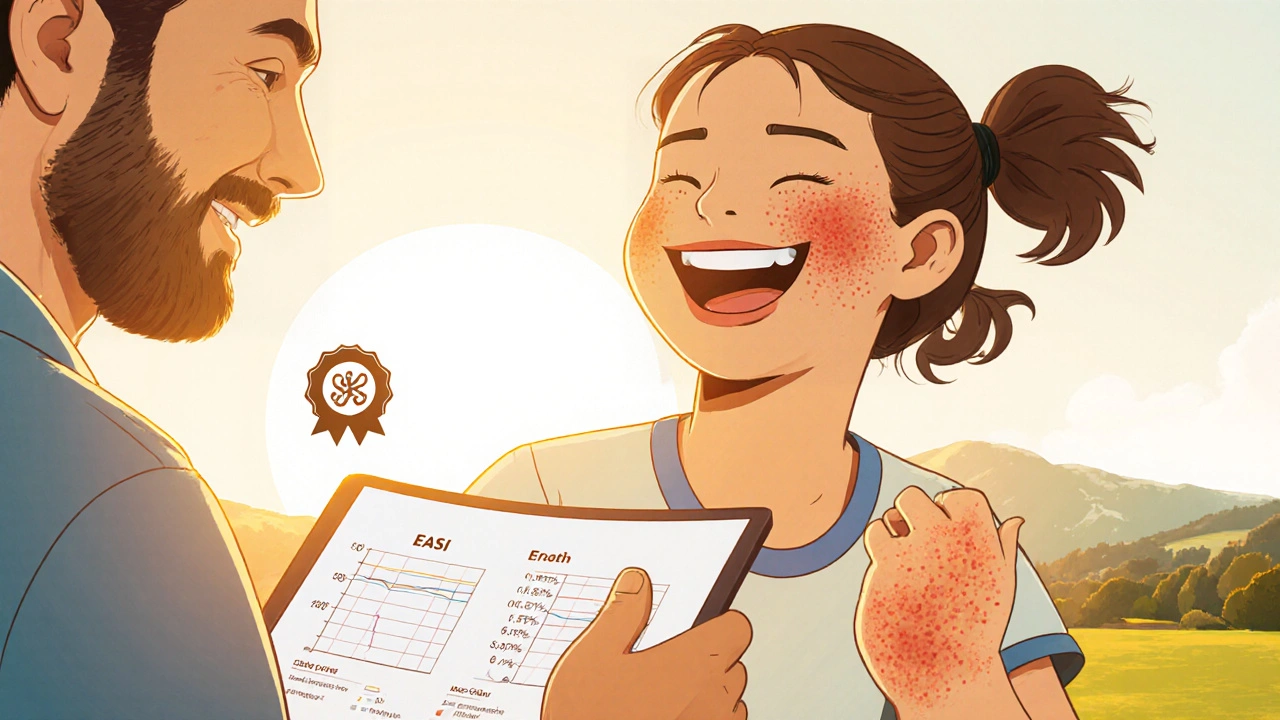 Adolescente con piel sana jugando, médico mostrando mejora en tabla.