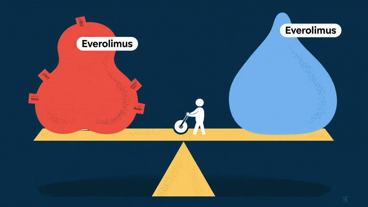 Balanza que equilibra un tumor y un órgano trasplantado, regulada por un agente llamado Everolimus.