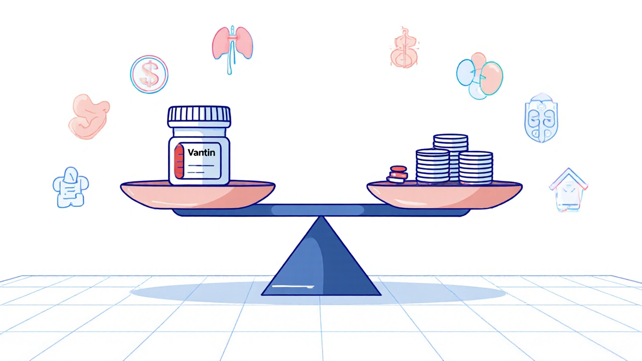 Balanza que muestra Vantin frente a otras opciones, rodeada de símbolos de infección, costo y efectos secundarios