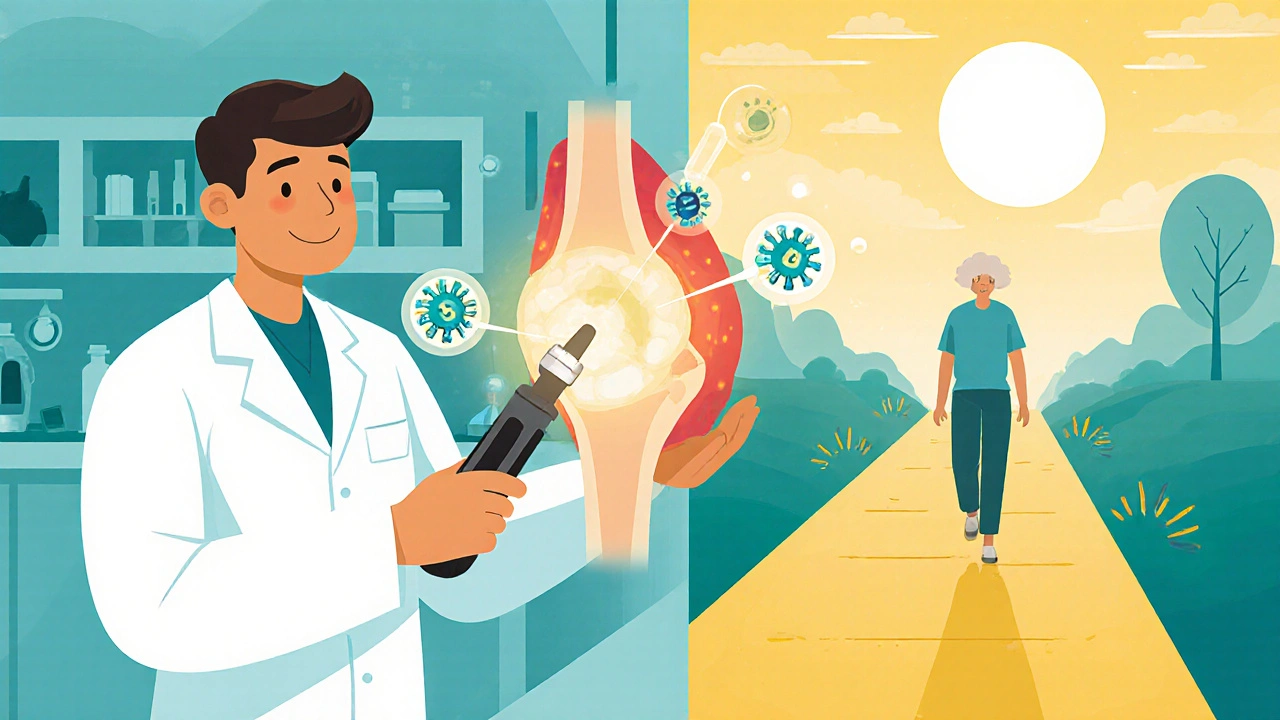 Científico usando CRISPR para reparar el cartílago de la rodilla, con paciente caminando sin dolor.