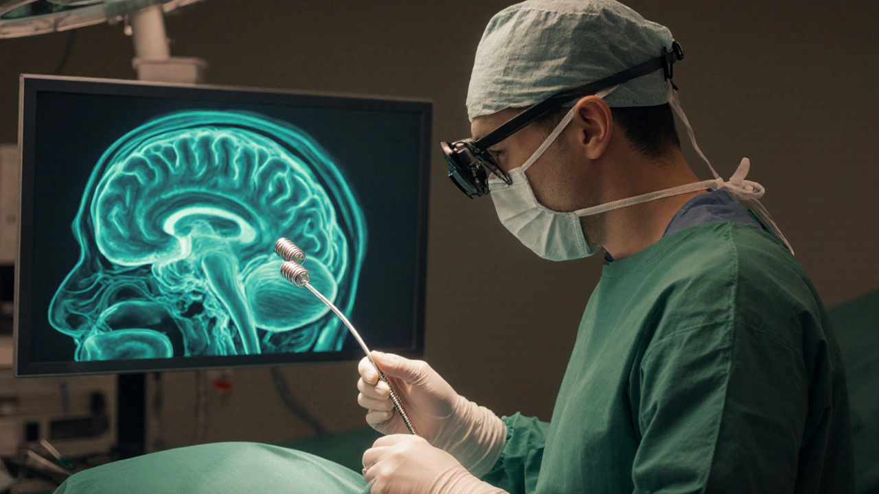 Cirujano realizando embolización endovascular de un aneurisma cerebral.