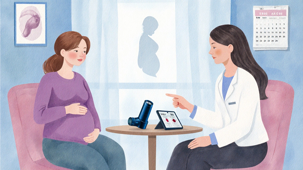 Consulta prenatal con médico mostrando inhalador y medidor de flujo.