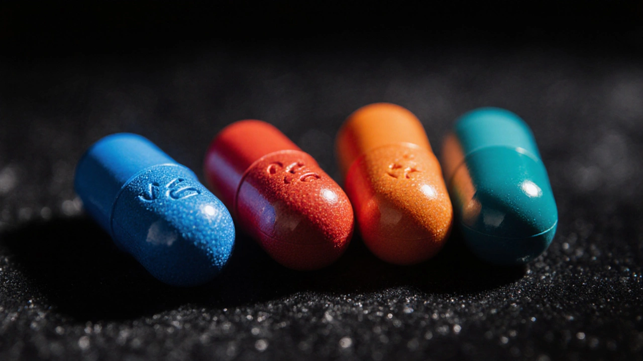 Disposición de cápsulas de diferentes colores bajo luz suave, resaltando sus tamaños.