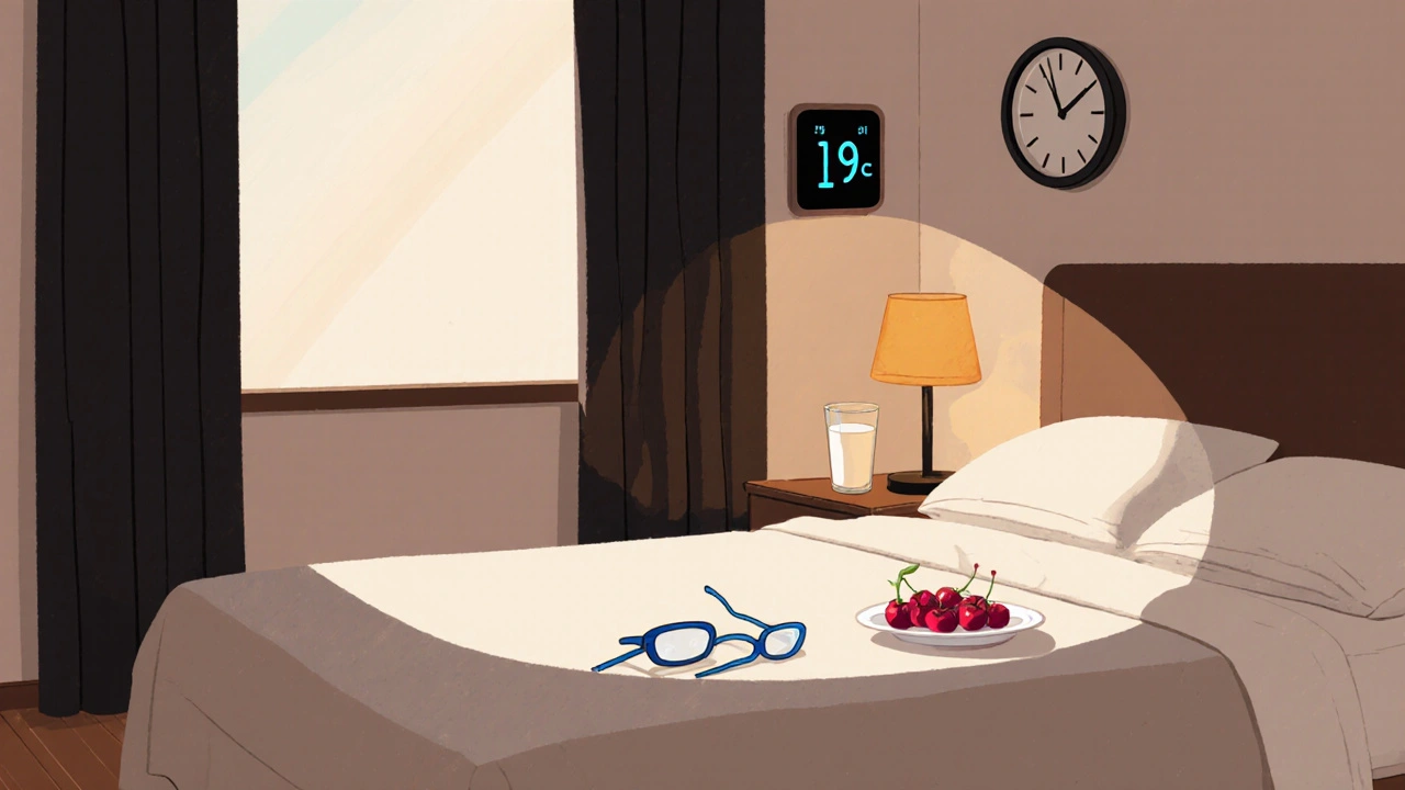 Dormitorio con cortinas blackout, termostato a 19 °C, taza de leche y gafas filtro azul.