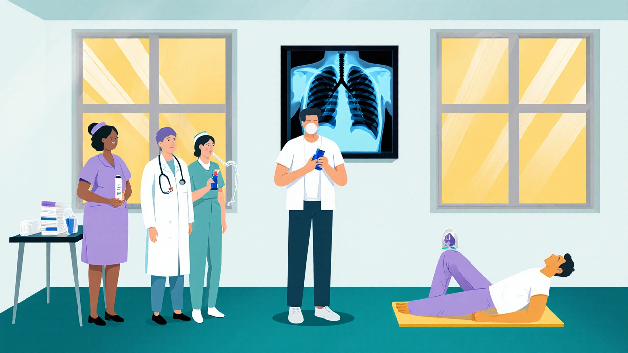 Equipo médico aconseja a paciente con inhalador, vacuna y ejercicios de rehabilitación.