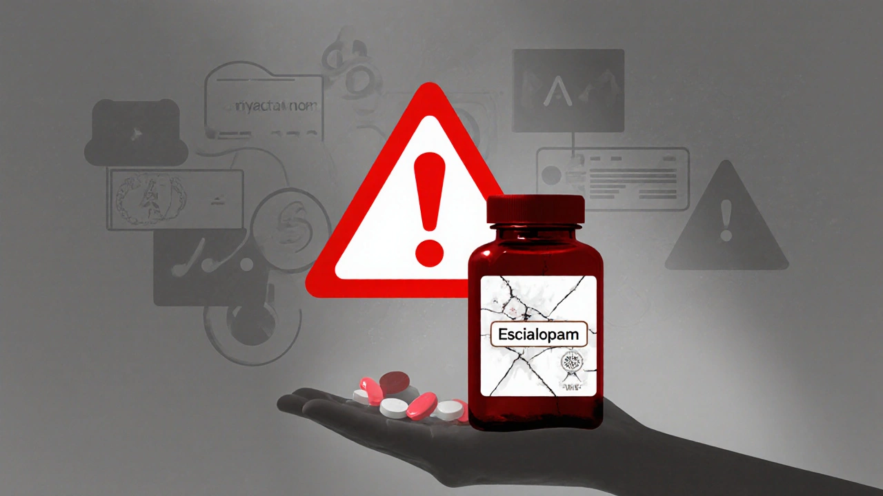 Escena de alerta con botellas de medicamento auténtico y falsificado.