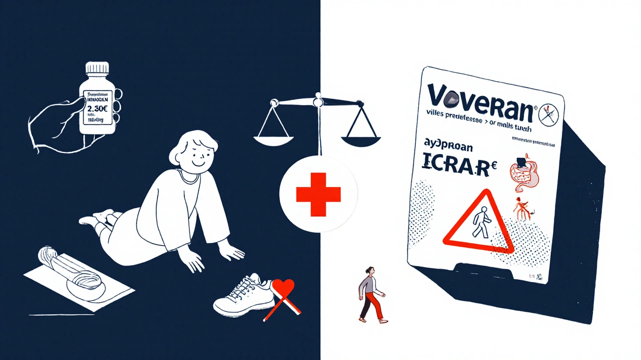 Escena dividida: ibuprofeno económico con actividad física vs. Voveran caro con advertencias médicas, equilibrado por una balanza.