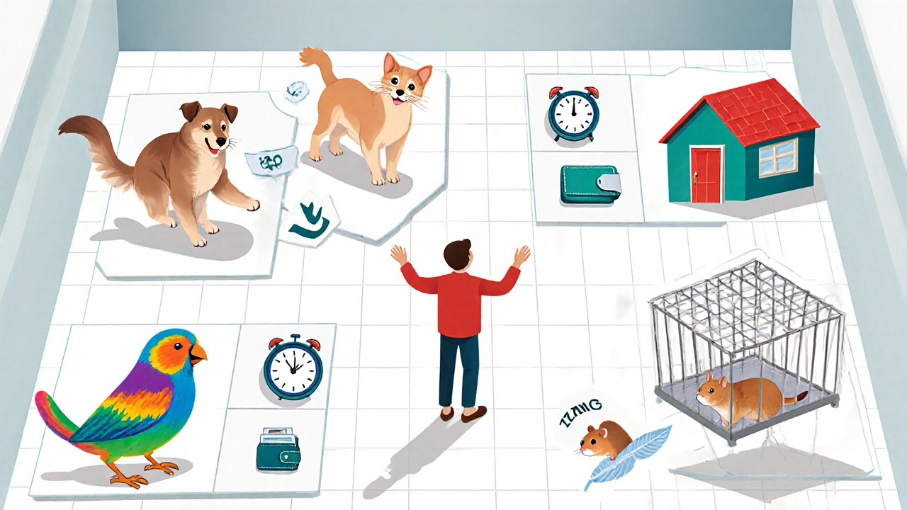 Escena suiza muestra a alguien evaluando distintas mascotas con íconos de espacio, tiempo y costos.