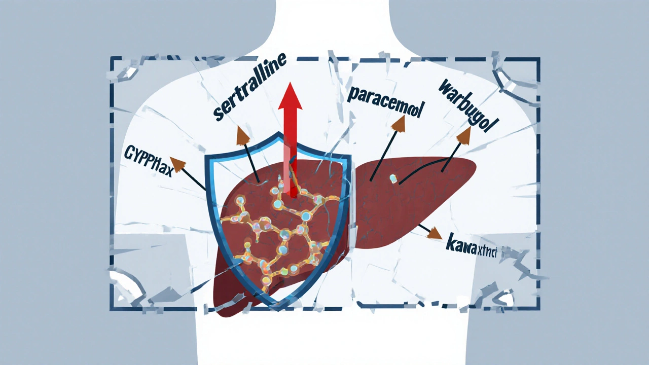 Hígado humano bajo ataque de medicamentos y extracto de kava, con enzimas hepáticas comprometidas.
