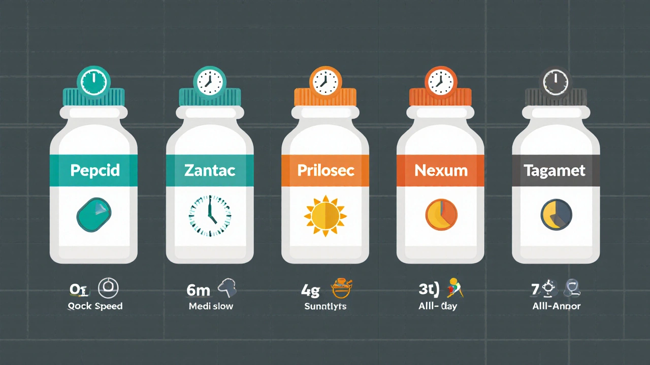 Iconos alineados de seis antiácidos con relojes y símbolos de duración.