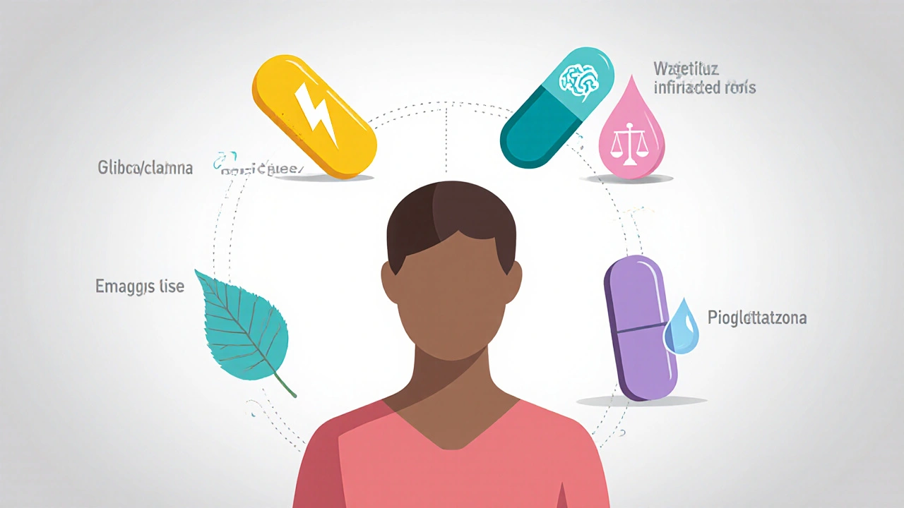 Iconos de cinco medicamentos alrededor de una silueta de paciente, cada uno con símbolo de efecto.