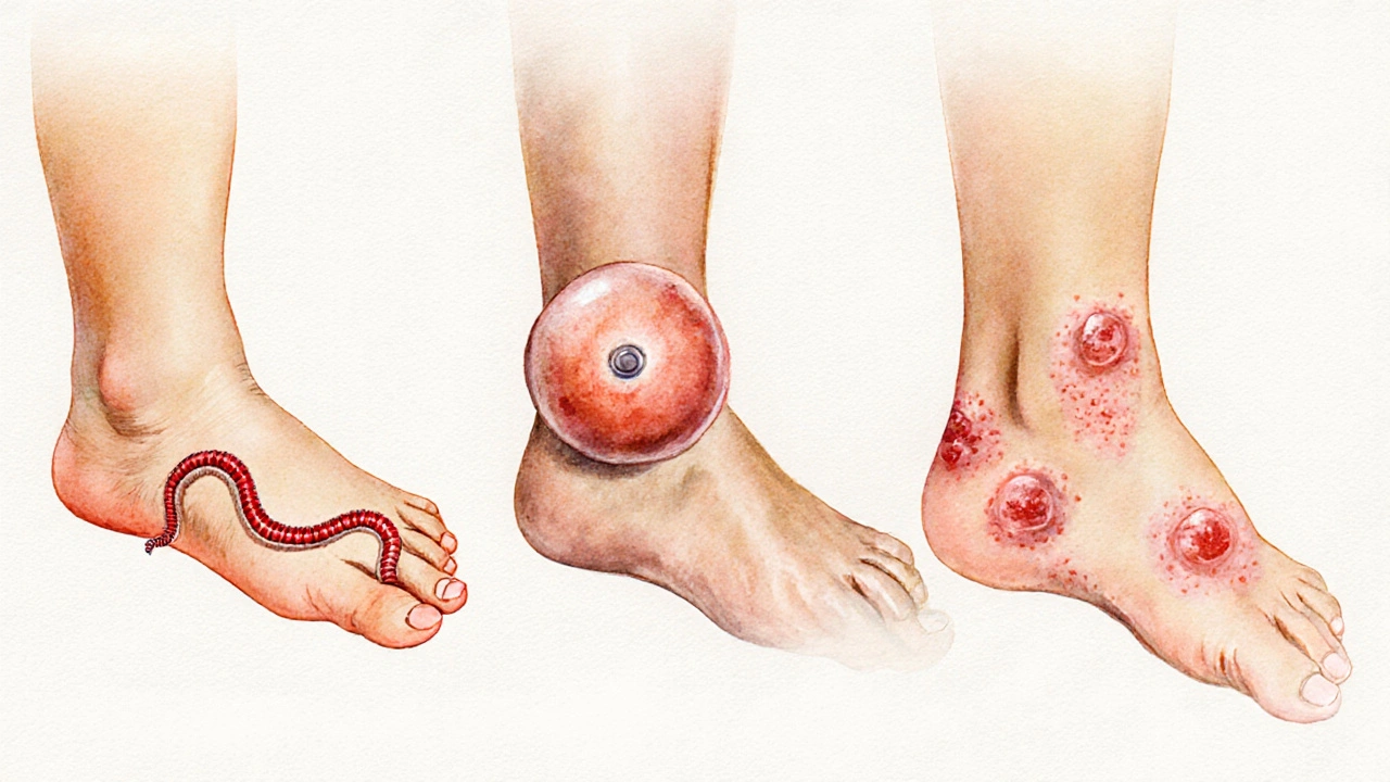 Ilustración acuarela muestra larva migrans en el pie, nódulo de miasis en el brazo y pústulas de picadura de pulga en la pierna.
