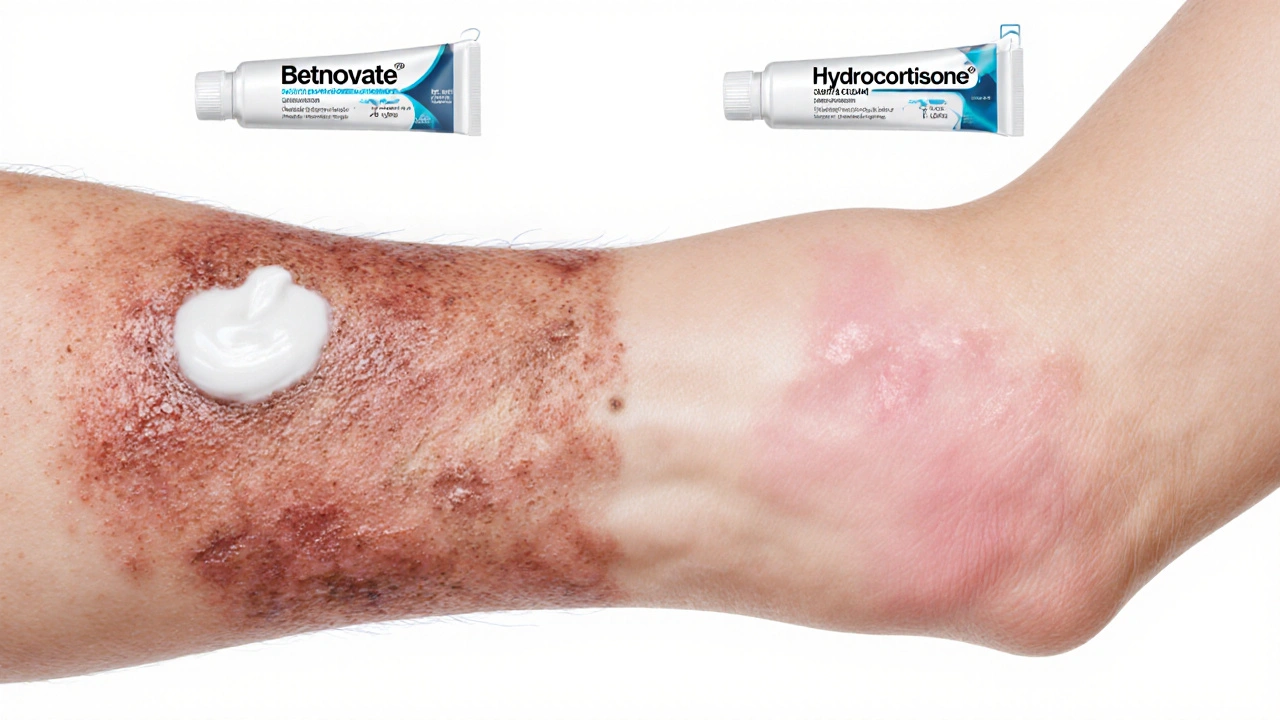 Ilustración de piel con eczema tratado con Betnovate y dermatitis leve con hidrocortisona.