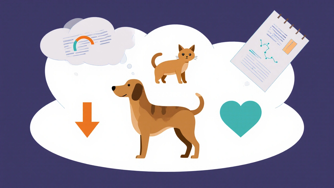 Ilustración suiza muestra hormonas cortisol y oxitocina cambiando al interactuar con un perro.