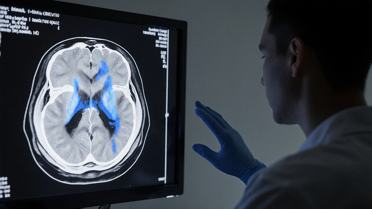 Imagen de tomografía cerebral que muestra sangre en el espacio subaracnoideo.