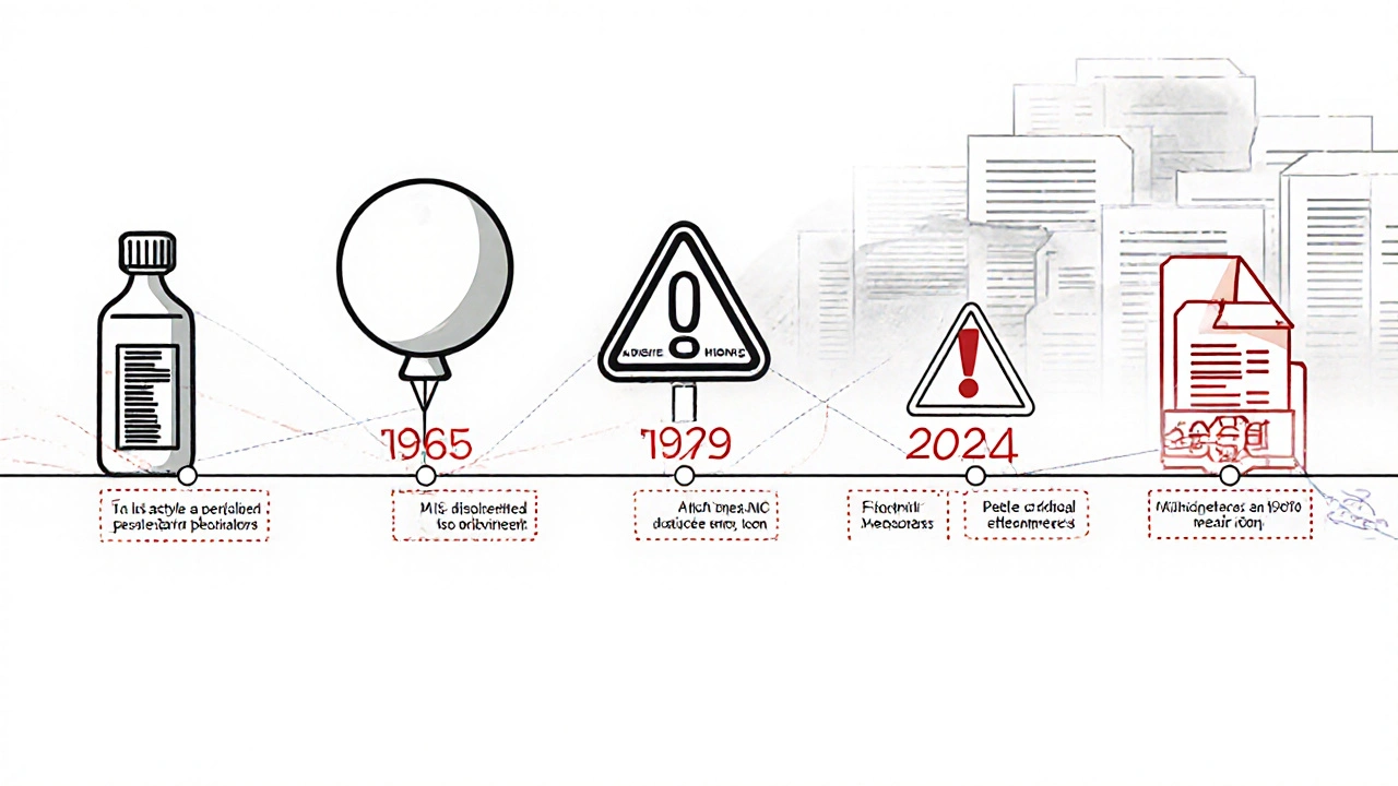Línea de tiempo histórica de advertencias de la FDA desde 1906 hasta 2024, con íconos simbólicos y líneas geométricas.