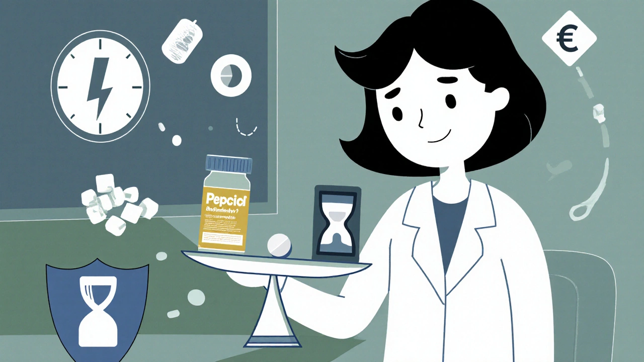 Médico con balanza comparando Pepcid con otros antiácidos y sus factores.