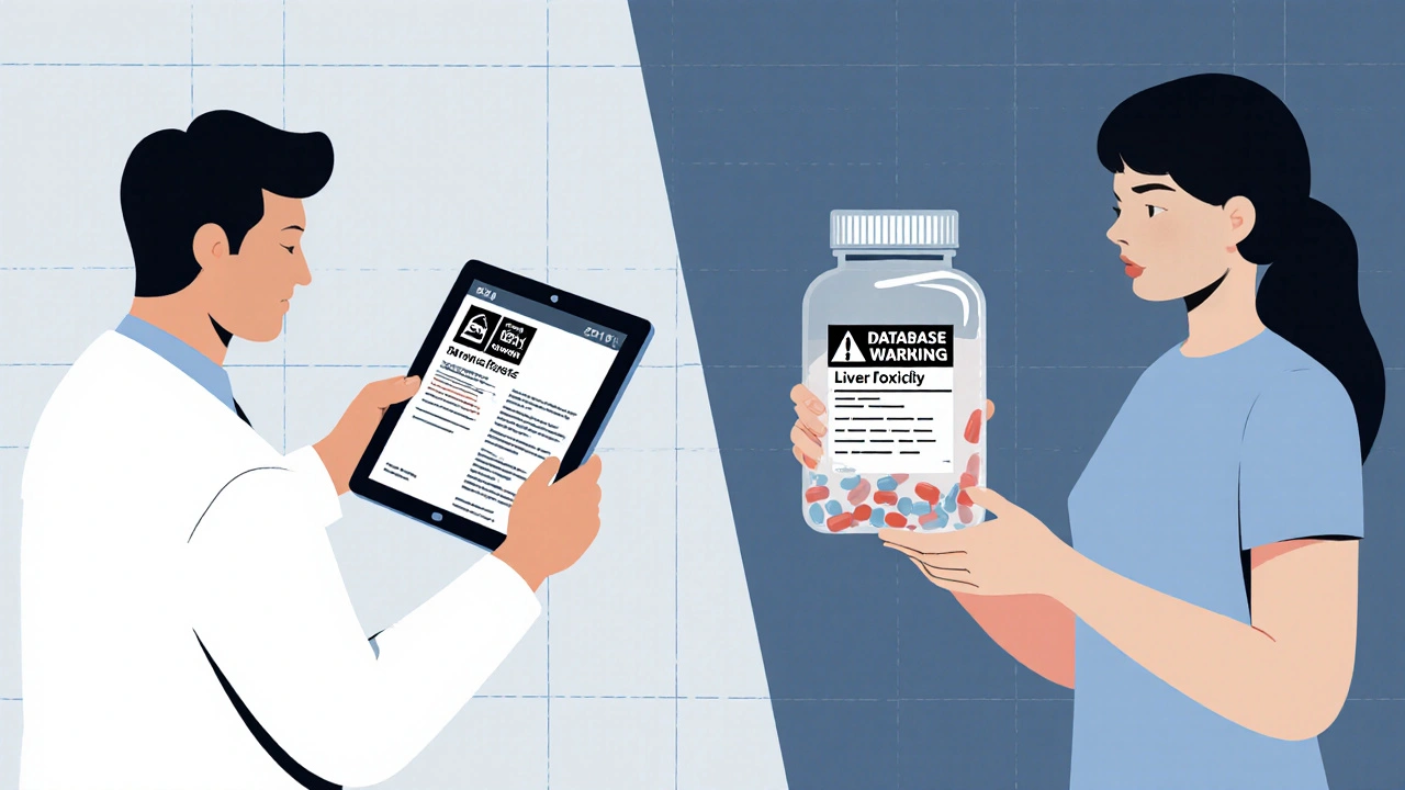 Médico y paciente observando advertencias de seguridad de medicamentos en pantalla y botella, estilo minimalista.