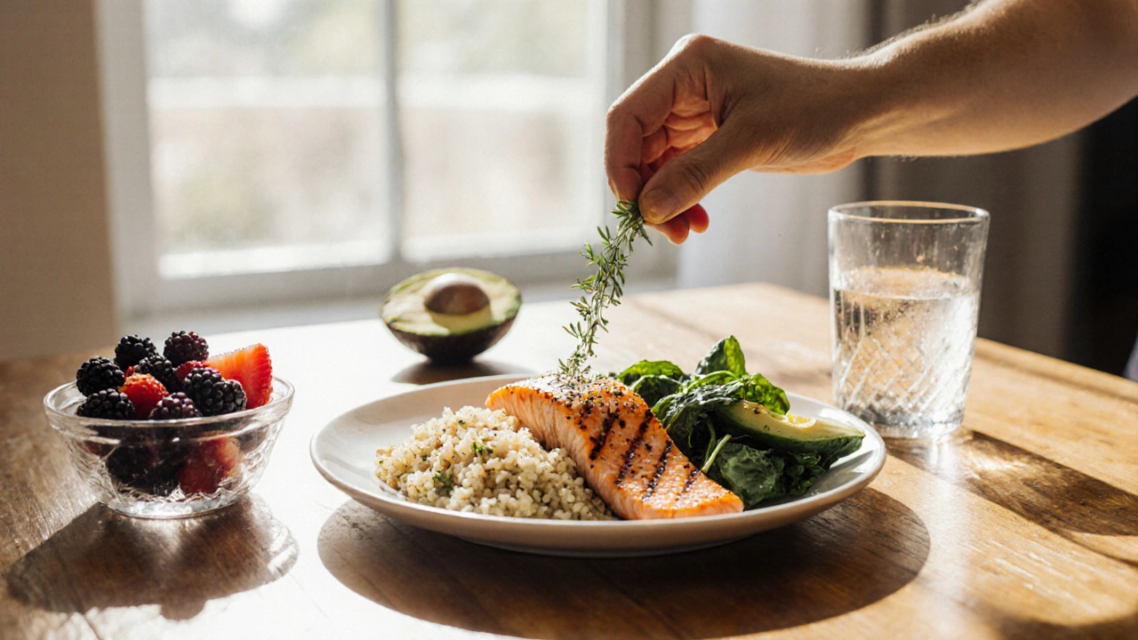 Mesa con comida saludable: pescado, quinoa, verduras, frutos rojos y agua.