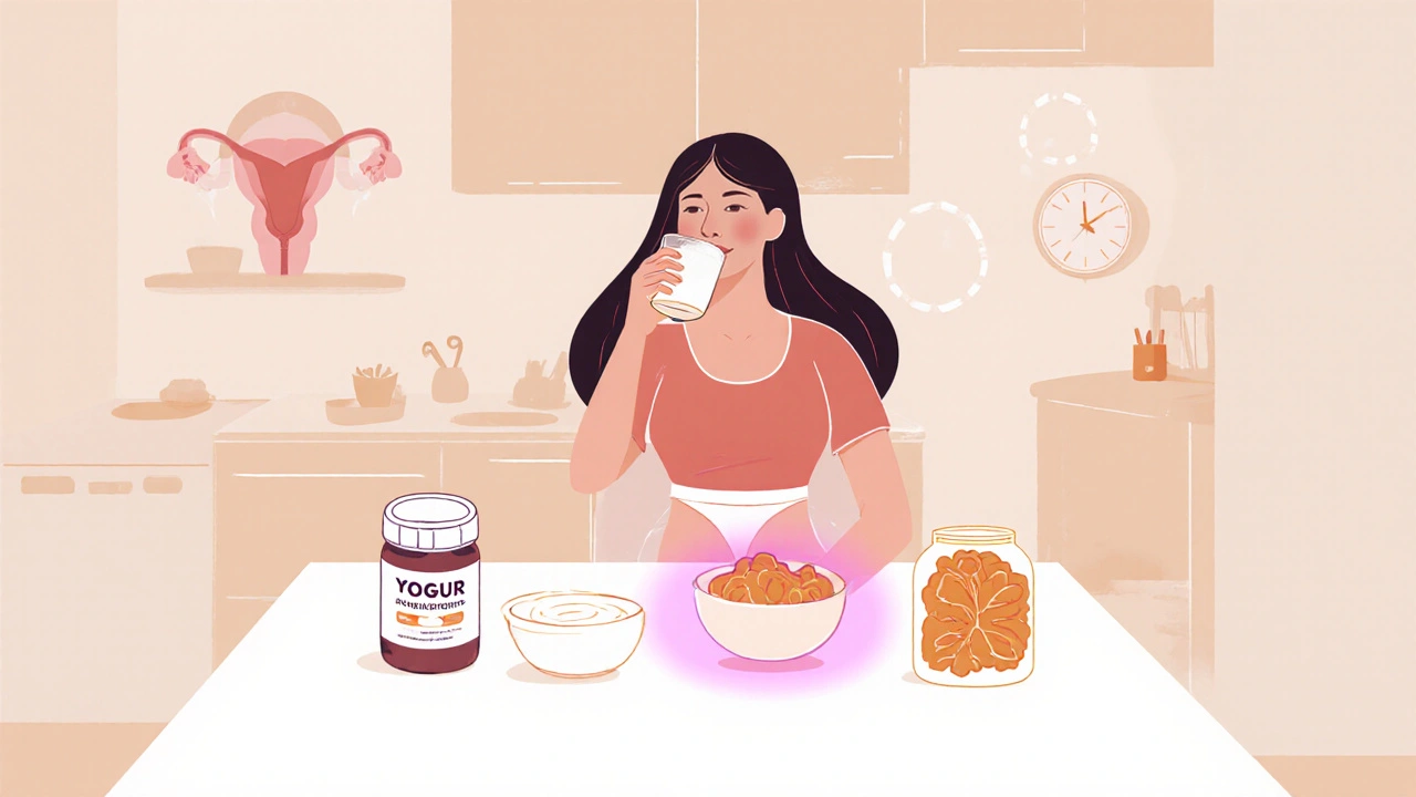 Mujer sonriente tomando yogur y suplementos, mostrando zona vaginal saludable.