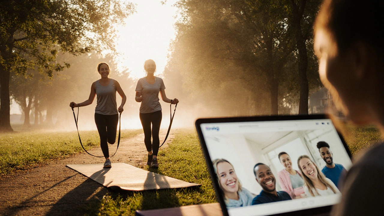 Paciente caminando en parque con fisioterapeuta y practicando yoga, apoyo virtual.