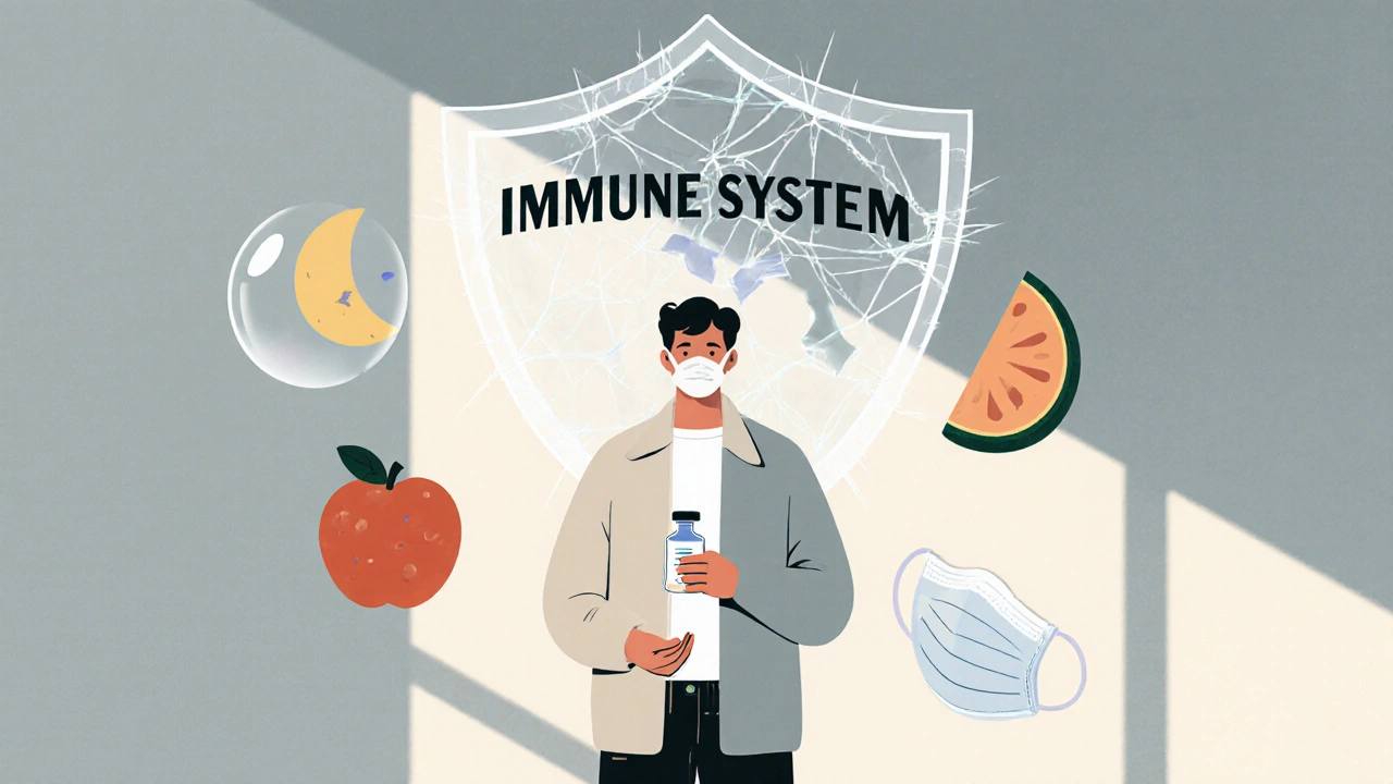 Paciente protegido por símbolos de higiene, sueño y nutrición, con un sistema inmunitario parcialmente restaurado.