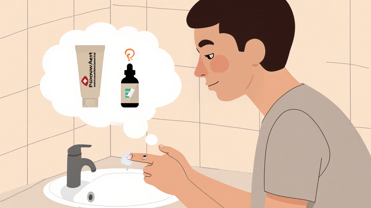 Persona aplicando crema Podowart a una verruga, con burbuja de pensamiento que muestra Podowart y Podofilox.