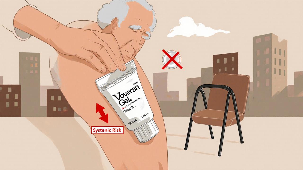 Persona aplicando gel de Voveran en la rodilla, con flecha que muestra absorción local y riesgo sistémico cancelado.