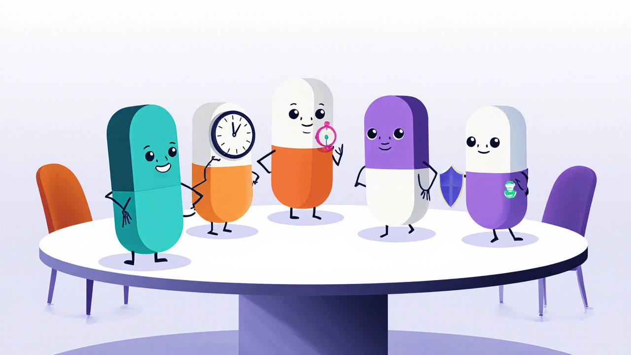 Personificaciones de varios antibióticos alrededor de una mesa comparando sus características