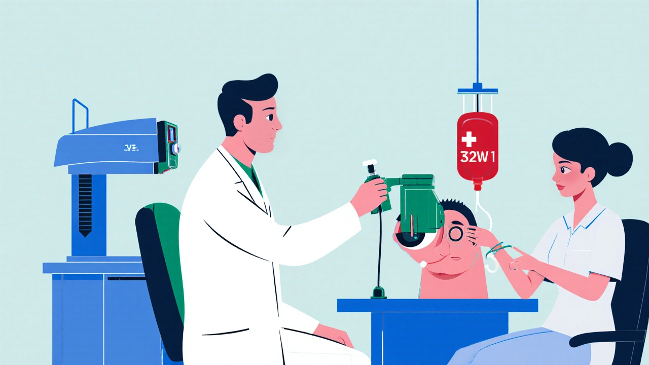 Sala de urgencias oftálmicas con doctor usando tonómetro, laser e hidratación intravenosa.