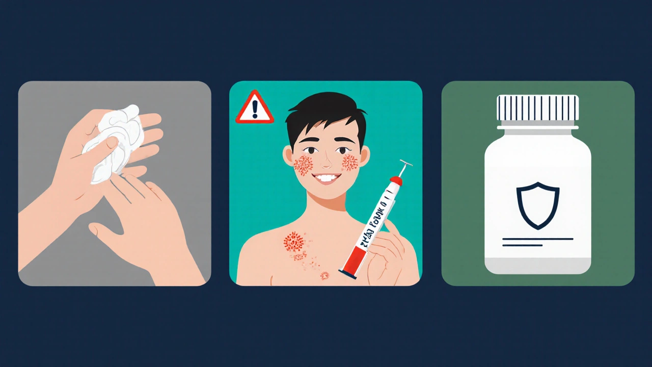 Tres paneles comparando crema, inyección y pastilla para el eczema.