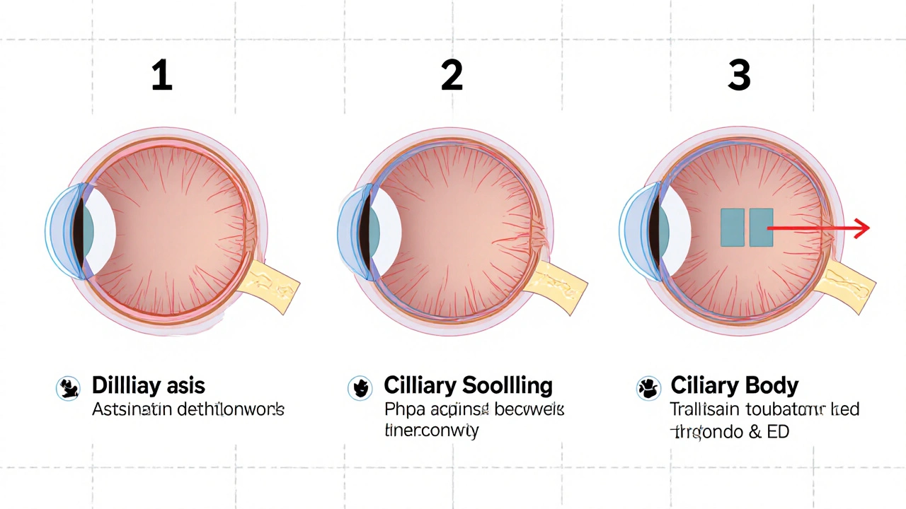 Vista interna del ojo mostrando tres formas de cierre del ángulo por medicamentos.