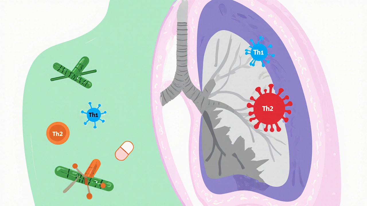 Vista transversal del pulmón con tejido fibroso, células inmunes y microbiota alterada.