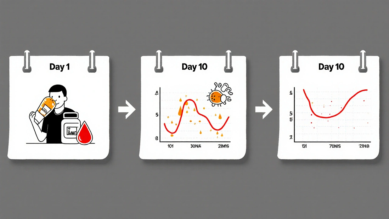 Calendario mostrando el aumento y caída del INR tras tomar antibióticos.