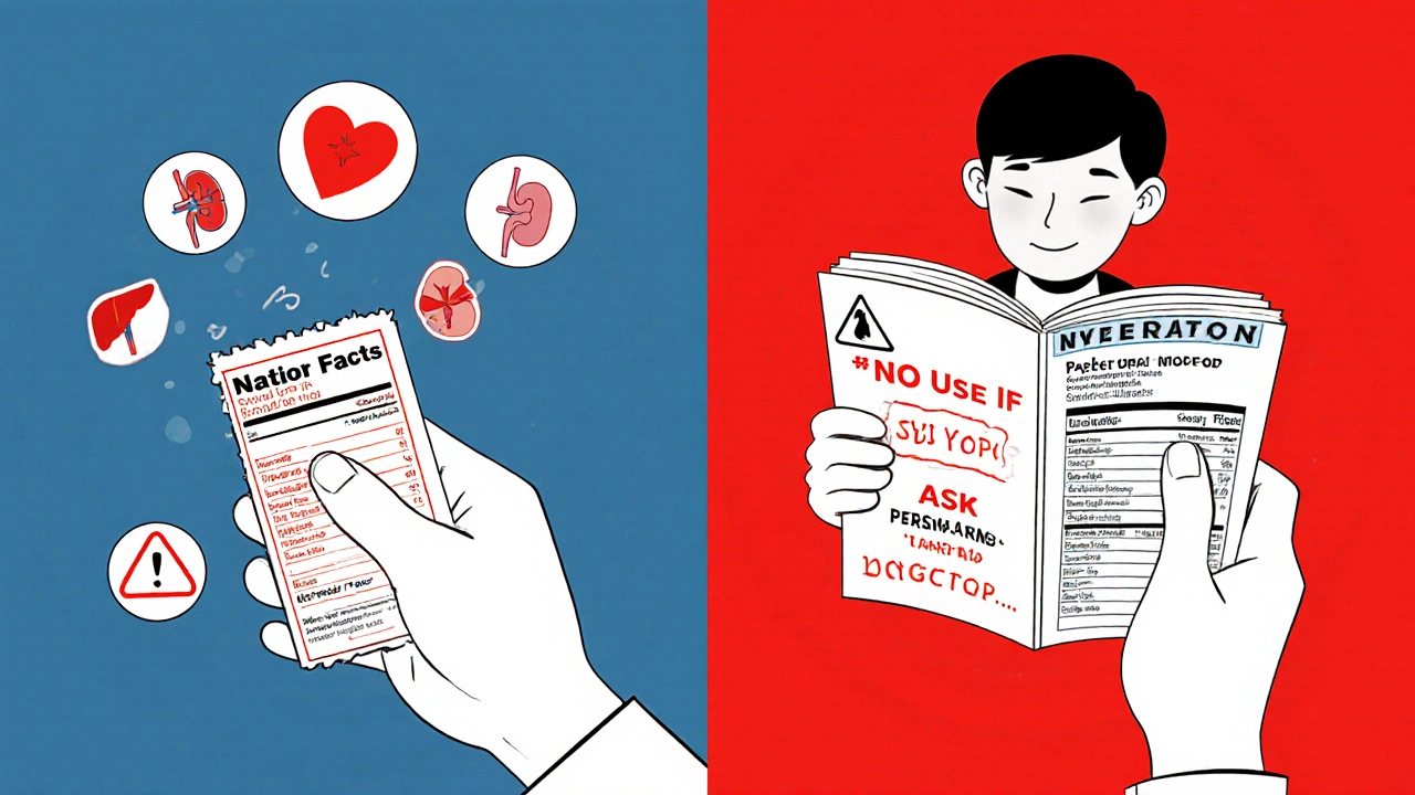 Comparación visual entre ignorar y leer cuidadosamente las advertencias de un medicamento.