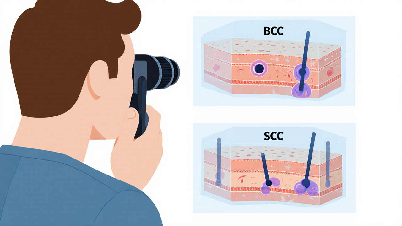 Dermatoscopio examinando piel con superposiciones transparentes que muestran la diferencia de invasión entre dos tipos de cáncer.