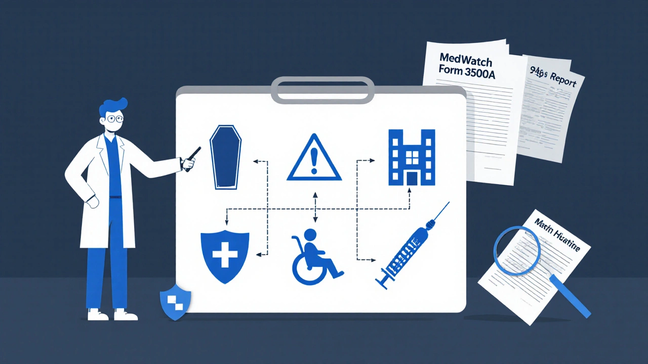 Diagrama minimalista con los seis criterios de gravedad de la FDA/ICH, mostrados como iconos claros en un entorno clínico ordenado.