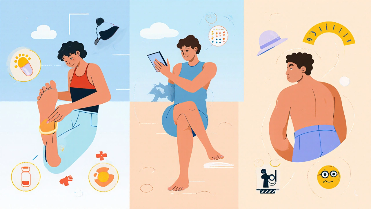 Diversas personas revisando su piel en diferentes áreas: pies, uñas y espalda, con símbolos de protección solar.