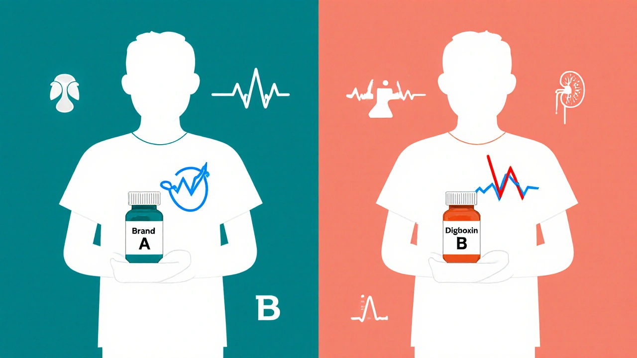 Dos siluetas de pacientes con niveles de digoxina estables y peligrosos representados por líneas azules y rojas.