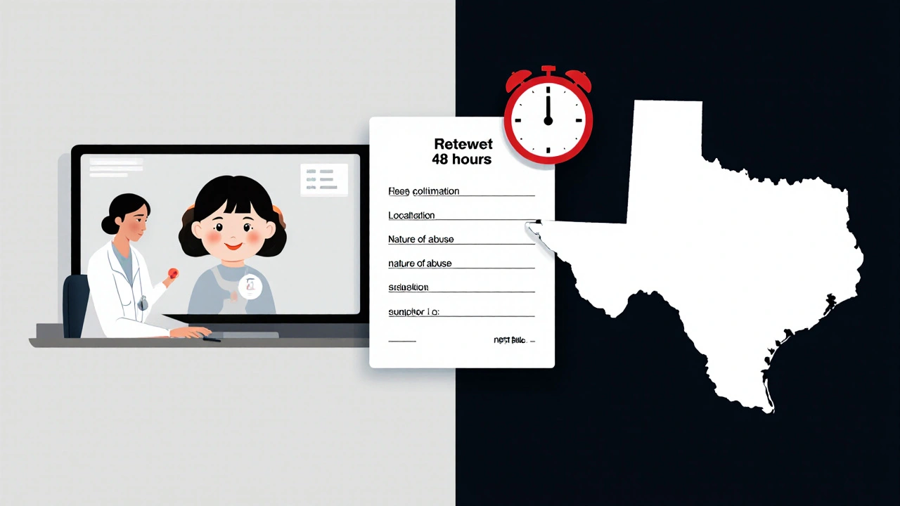Enfermera en telemedicina ve a un niño en pantalla mientras un reloj marca 48 horas para reportar en Texas.