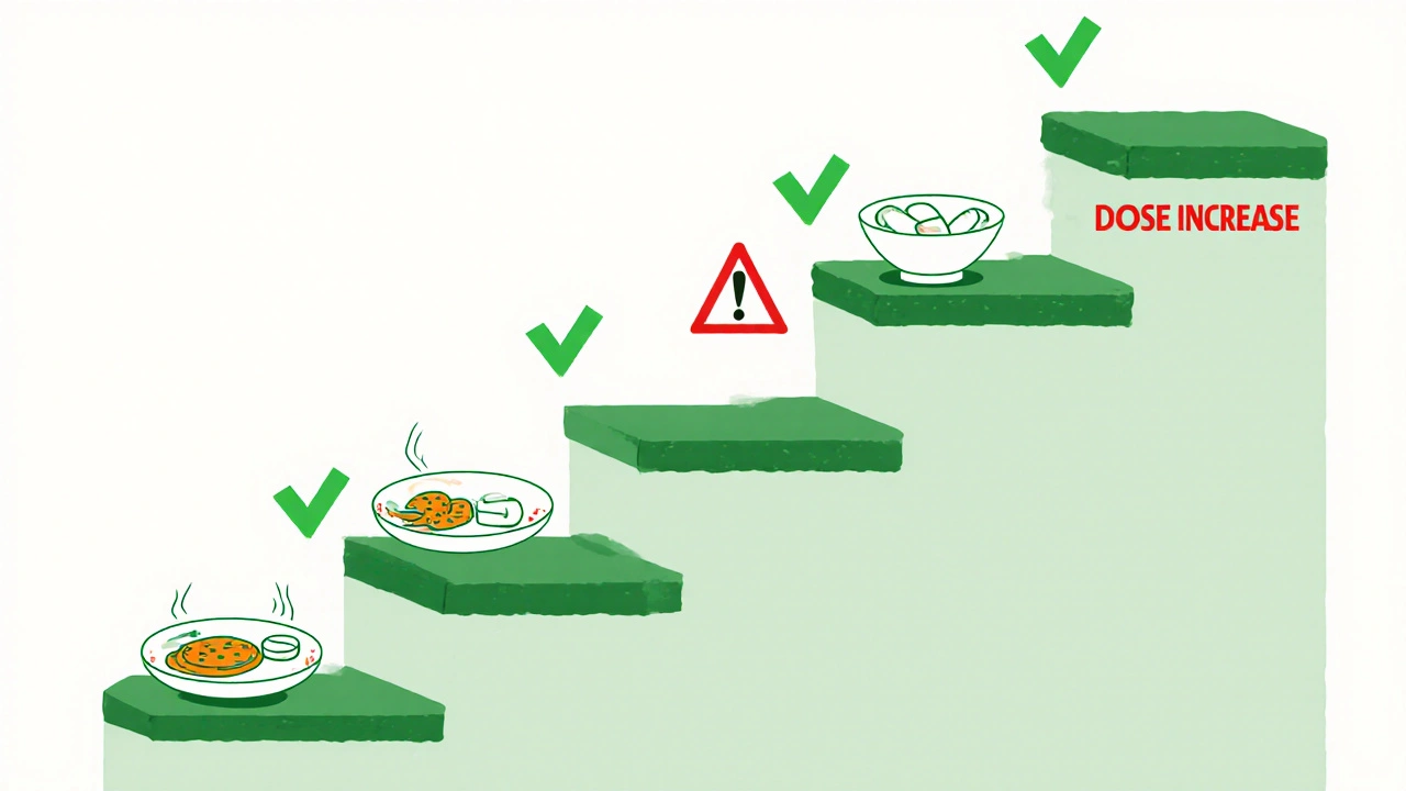 Escalera de aumento de dosis con marcas verdes, cada paso muestra pastilla con comida.