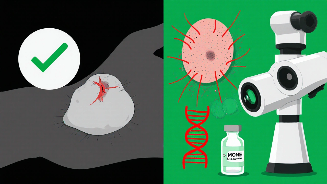 Escena dividida: tratamiento temprano exitoso vs. melanoma avanzado, con vacuna y IA como esperanza.