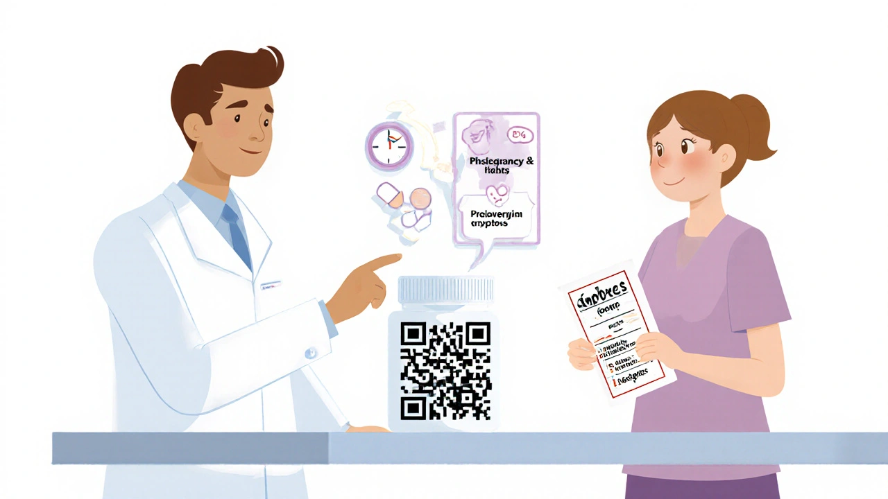 Farmacéutico explica una advertencia médica usando un código QR que muestra datos de riesgo en pantalla.