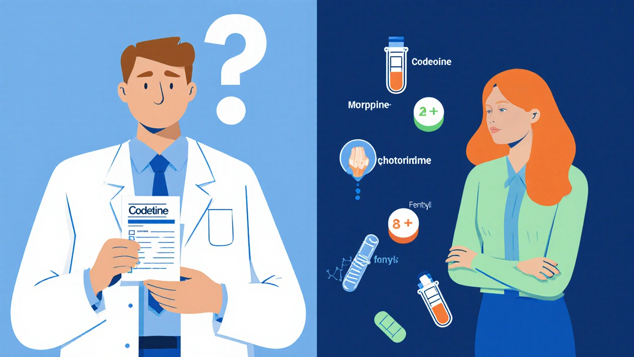 Izquierda: médico receta codeína. Derecha: prueba genética y alternativas seguras como iconos limpios.