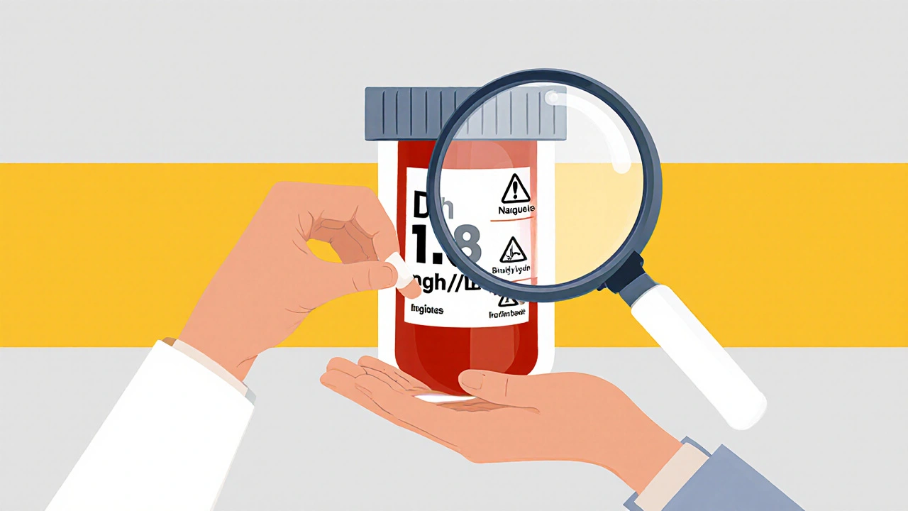 Mano de farmacéutico entregando una pastilla mientras un vial de sangre muestra un nivel peligroso de digoxina.