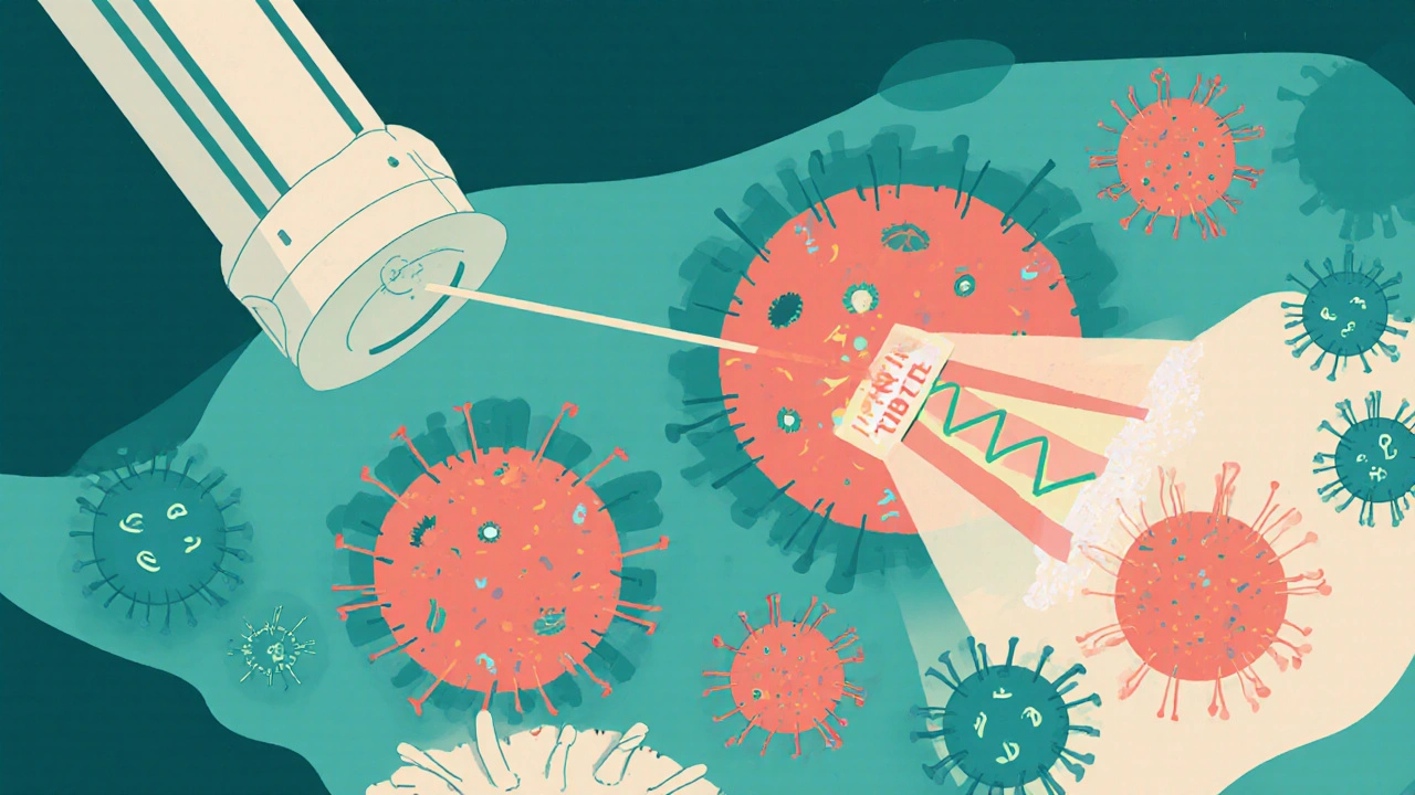Microambiente tumoral con radiación precisa y vías de reparación del ADN visibles.