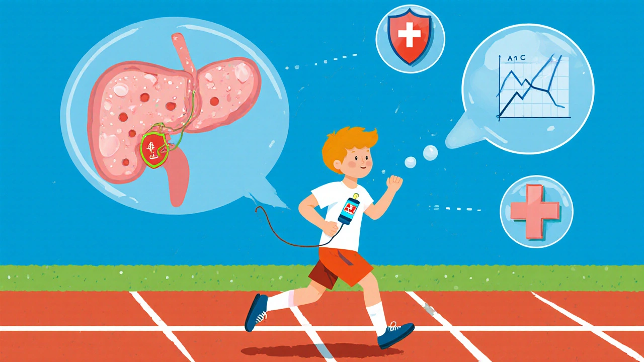 Niño corriendo con bomba de insulina, símbolos de protección pancreática y control de glucosa, estilo ilustración suiza.