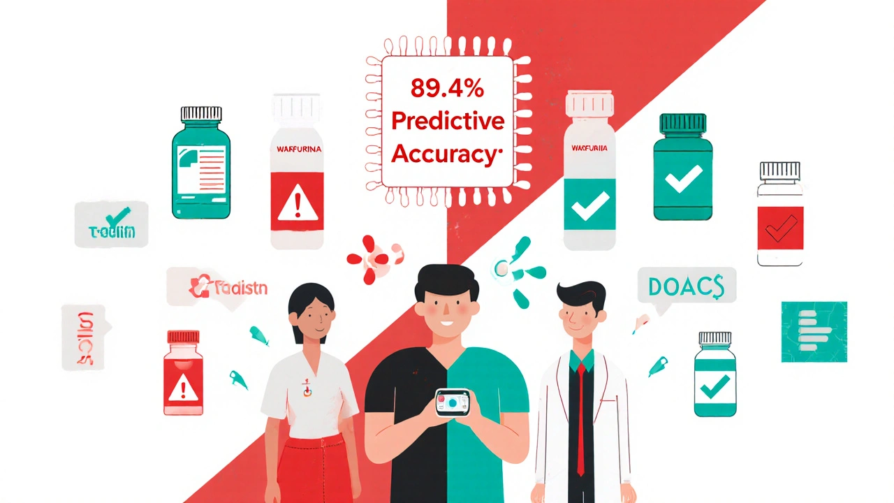 Paciente con monitor INR junto a médico y farmacéutico, con inteligencia artificial.