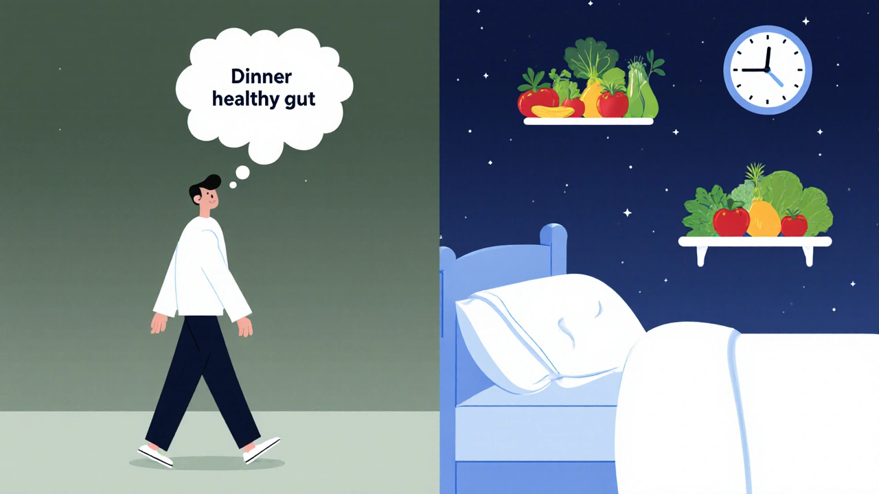 Persona caminando y durmiendo, con iconos de alimentos saludables y sueño reparador.