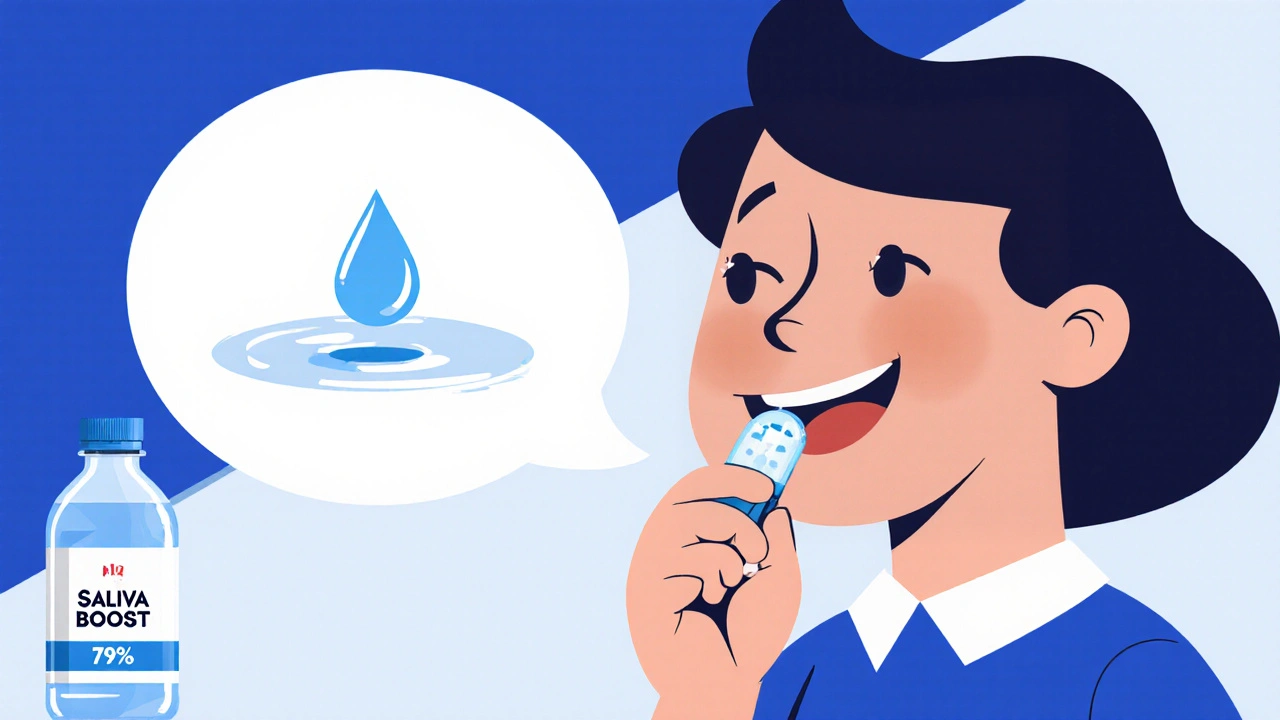 Persona chupando un caramelo sin azúcar para aliviar la boca seca, con símbolo de saliva.